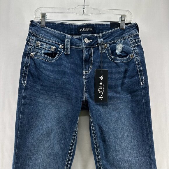 Fleur by Miss Me Jeans Size 29/8 Straight Wing Faux Flap Pocket Denim Blue - Picture 3 of 12